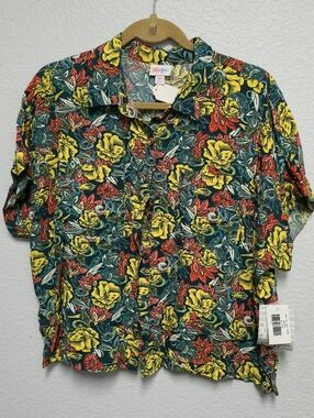 LuLaRoe Teal Button-Down Shirt with Yellow & Red Floral Print